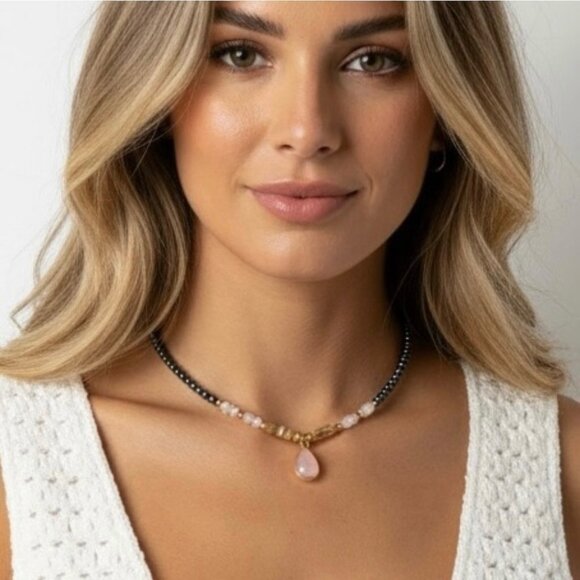 NWT Teardrop Pendant Beaded Necklace 18K Plated Black Onyx Hematite Rose Quartz - Picture 3 of 9